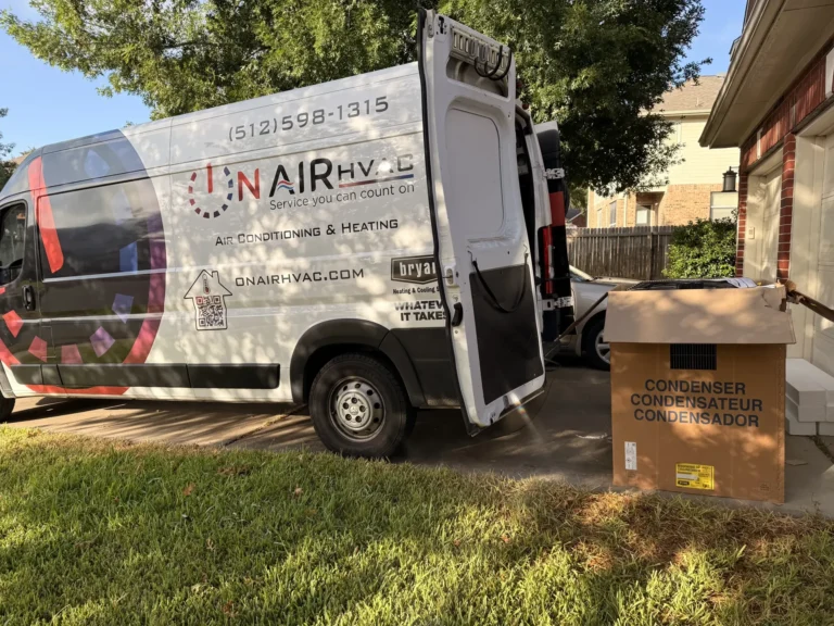 On Air HVAC van beside a new condenser