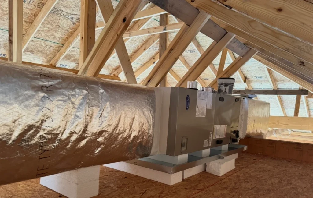 HVAC system installation in an attic, showcasing HVAC services Pflugerville TX for efficient climate control.